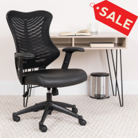 Flash Furniture BL-ZP-806-BK-LEA-GG High Back Black Mesh Chair with Leather Seat and Nylon Base